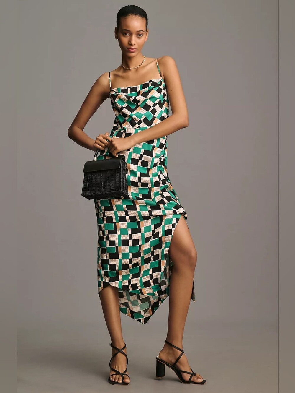 Anthropologie Draped Back Asymmetrical Slip Midi Dress Geometric Green Size 8